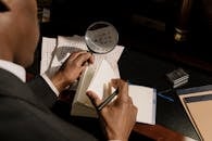 A detective examines encrypted documents with a magnifying glass in moody lighting.