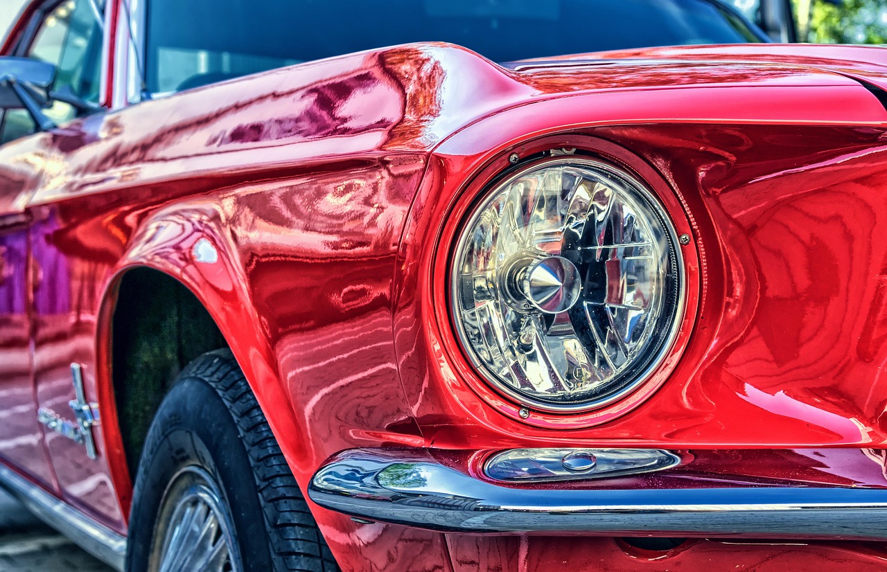ford, mustang, car, vehicle, red car, shiny, shiny car, headlight, luxury car, v8, ford mustang, automotive, auto, oldtimer, car wallpapers, sports car, classic, maintained, red, old, chrome plated, chrome, polished